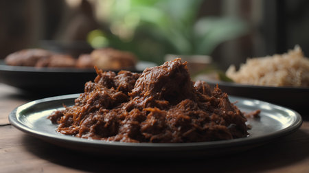 Malaysian dish of beef and rice on a plate. Selective focus.の素材