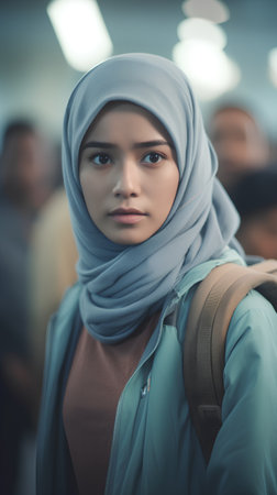Portrait of young muslim woman with hijab looking at camera.の素材