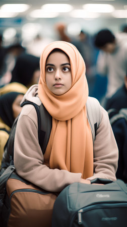 Young muslim woman wearing hijab sitting in the airport and waiting for her flightの素材