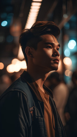 Portrait of a young handsome asian man in urban background.の素材