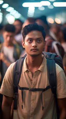 Young indian man with backpack looking at camera in subway station.の素材
