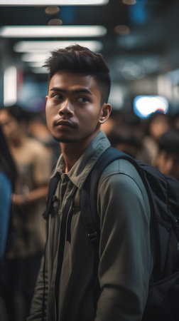 young asian man with backpack at subway station in bangkok, Thailandの素材