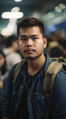 Portrait of a handsome young asian man with backpack looking at cameraの素材