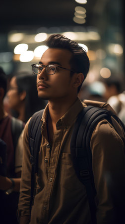 Portrait of a handsome young Asian man with backpack in the cityの素材