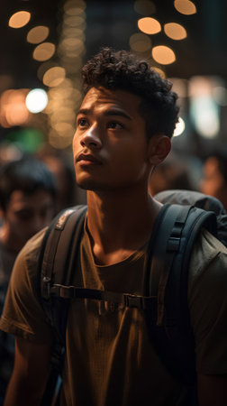 Portrait of a handsome young asian man with backpack at nightの素材