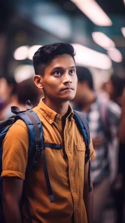 Portrait of young indian man with backpack looking at camera.の素材