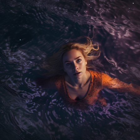 Portrait of a beautiful young woman floating in the sea at nightの素材