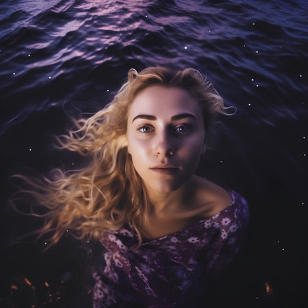 portrait of a beautiful girl in the sea at night on the beachの素材