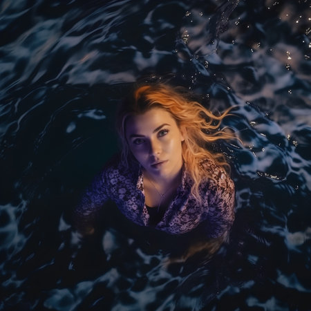 portrait of a beautiful woman in the water at night, studio shotの素材