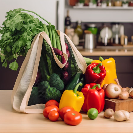Vegetables in reusable shopping bag on the table in the kitchenの素材