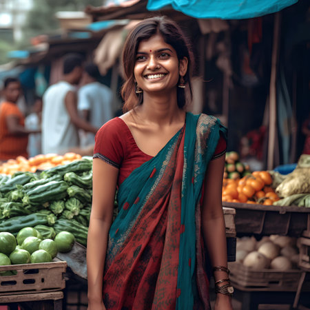 Young indian woman selling vegetables in a local market in India.の素材