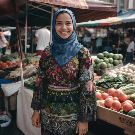 Young beautiful asian muslim woman selling fruits and vegetables at marketの素材
