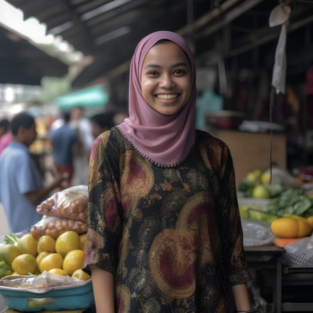Muslim woman selling fruits at a market in the city of Kuala Lumpur in Malaysia.の素材