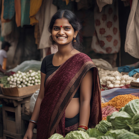 Young indian woman selling vegetables at the local market in India.の素材