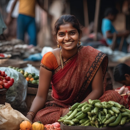 Indian woman selling fruits and vegetables at the local market in India.の素材