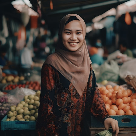 Portrait of a young muslim woman selling fruits in the marketの素材