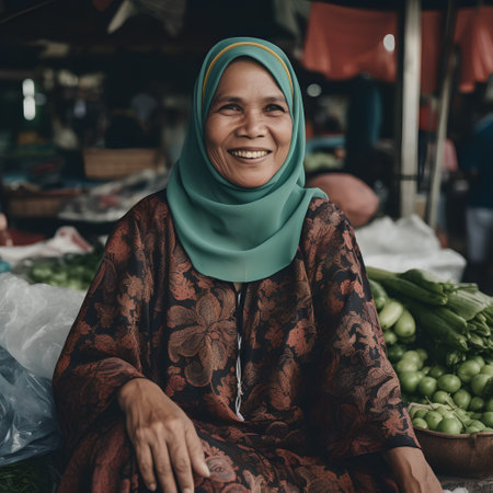 Portrait of smiling woman selling vegetables at the local market in Thailandの素材