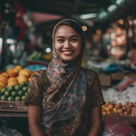 Portrait of young asian muslim woman selling fruits at marketの素材