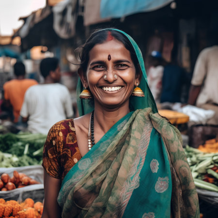 Indian woman selling fruits and vegetables at the street market in India.の素材