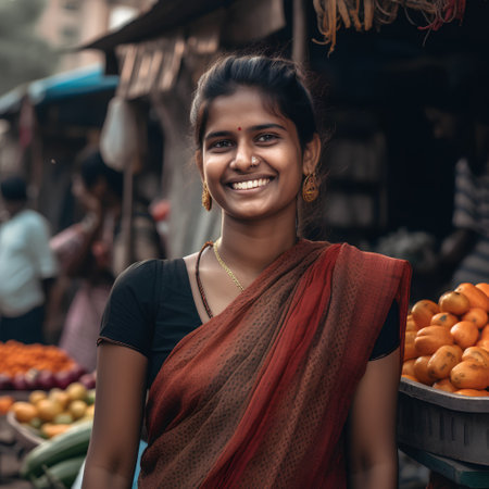 Indian woman selling fruits and vegetables at the street market in Goa, Indiaの素材