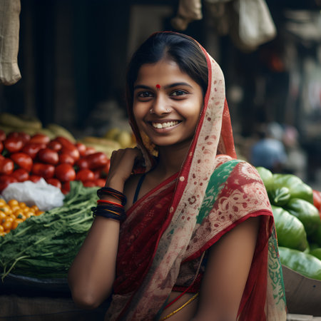 Young indian woman wearing sari at the vegetable market in India.の素材