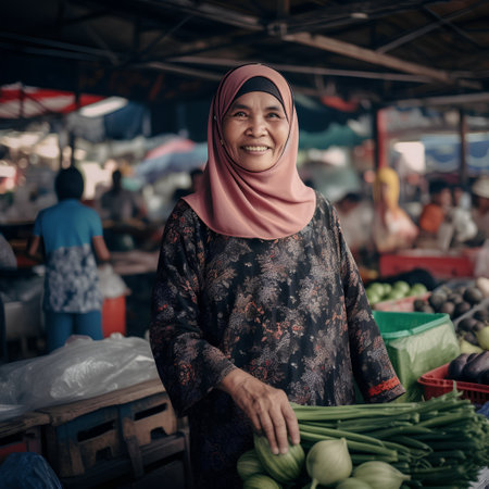 Muslim woman selling vegetables at a market in Chiang Rai, Thailandの素材