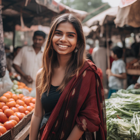 Young woman selling fruits and vegetables in a local market in India.の素材