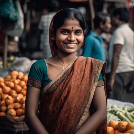 Indian woman selling fruits and vegetables at the street market in India.の素材