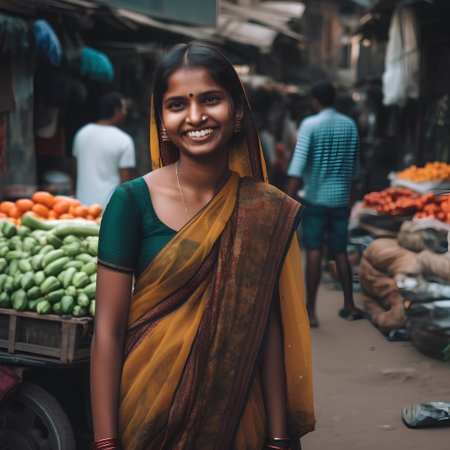 Portrait of indian woman selling vegetables at the street market.の素材