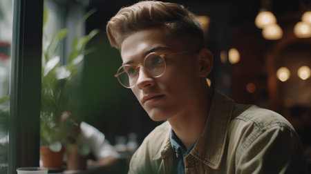 Portrait of a handsome young man in glasses in a cafe.の素材