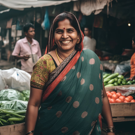 Indian woman selling vegetables at the market in Kolkata, India.の素材