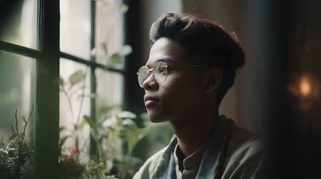 Portrait of young Asian woman with eyeglasses looking out the windowの素材