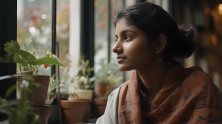 Portrait of a beautiful young Indian woman in a cafe. Soft focus.の素材