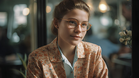 Portrait of a beautiful young woman with glasses in a cafe.の素材