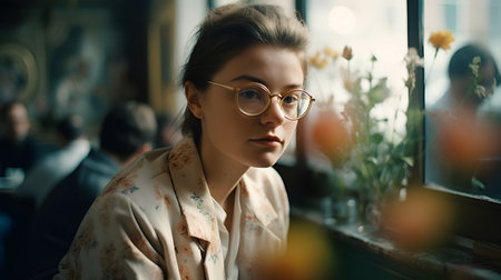 Portrait of a beautiful young woman in glasses near the window.の素材