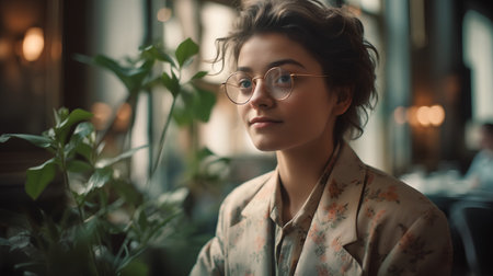 Portrait of a beautiful young woman in glasses in a cafe.の素材