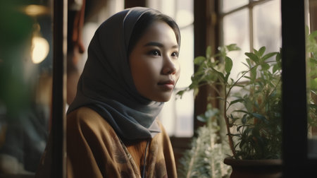 Portrait of a beautiful asian muslim woman in a restaurantの素材