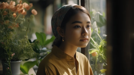 Portrait of beautiful young asian woman looking through window in cafeの素材