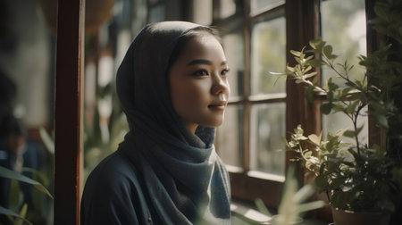 Portrait of beautiful asian muslim woman wearing hijab looking out the windowの素材