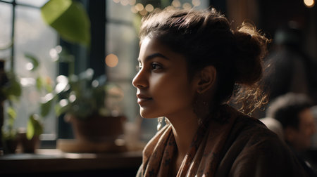Portrait of a beautiful woman with curly hair in a cafe.の素材