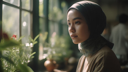 Portrait of beautiful Asian muslim woman wearing hijab looking at camera.の素材