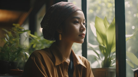 Portrait of a beautiful African American woman wearing a headscarfの素材