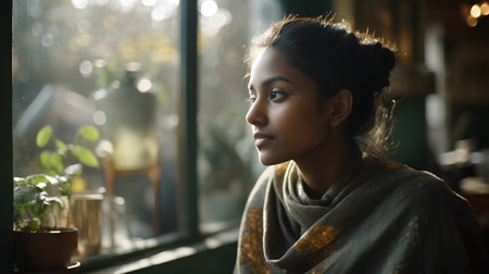 Portrait of a beautiful young Indian woman in a cafe at sunsetの素材