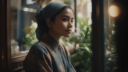 Portrait of a beautiful asian woman in a cafe looking out the windowの素材