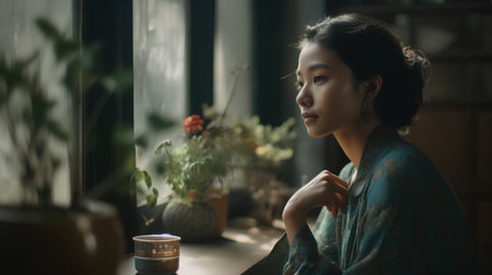 Beautiful asian woman sitting at the window in the morning.の素材