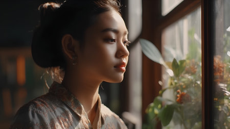 Portrait of a beautiful asian woman looking out the window.の素材