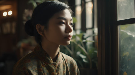 Portrait of a beautiful asian woman looking through the window.の素材