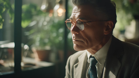 Portrait of pensive senior businessman in eyeglasses looking awayの素材