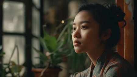 Portrait of a beautiful Asian woman sitting in a cafe and looking awayの素材