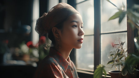 Portrait of a beautiful asian woman in a cafe looking awayの素材